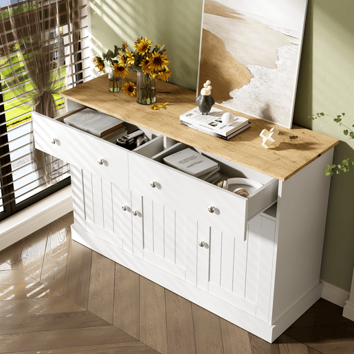 Aparador de painel de partículas com 3 portas e 2 gavetas,branco+natural