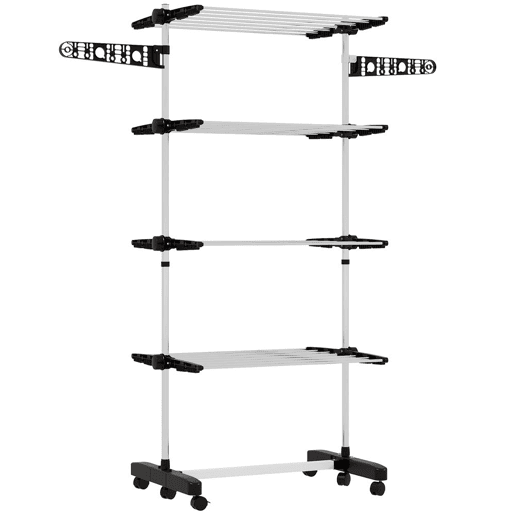 HOMCOM Estendal Vertical Dobrável de 4 Níveis Estendal de Roupa com 6 Rodas 2 Laterais Dobráveis Prateleiras Ajustáveis e Estrutura de Aço Inoxídável para Interior e Exterior Preto