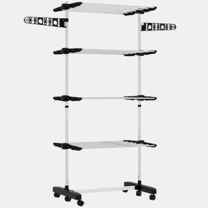 HOMCOM Estendal Vertical Dobrável de 4 Níveis Estendal de Roupa com 6 Rodas 2 Laterais Dobráveis Prateleiras Ajustáveis e Estrutura de Aço Inoxídável para Interior e Exterior Preto