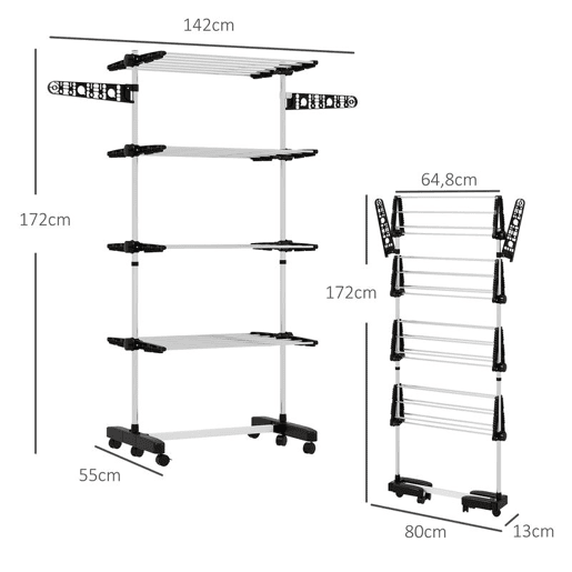 HOMCOM Estendal Vertical Dobrável de 4 Níveis Estendal de Roupa com 6 Rodas 2 Laterais Dobráveis Prateleiras Ajustáveis e Estrutura de Aço Inoxídável para Interior e Exterior Preto