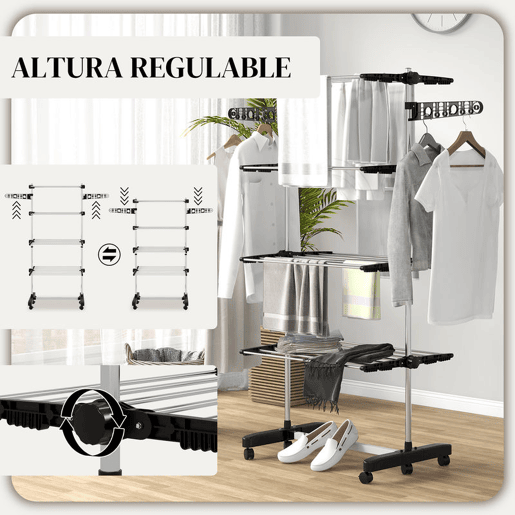 HOMCOM Estendal Vertical Dobrável de 4 Níveis Estendal de Roupa com 6 Rodas 2 Laterais Dobráveis Prateleiras Ajustáveis e Estrutura de Aço Inoxídável para Interior e Exterior Preto