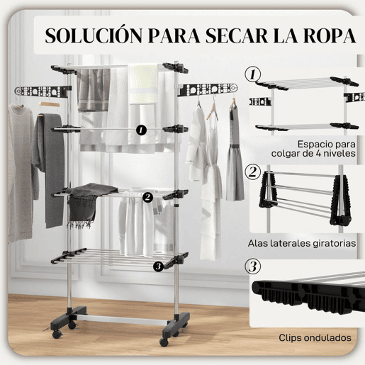 HOMCOM Estendal Vertical Dobrável de 4 Níveis Estendal de Roupa com 6 Rodas 2 Laterais Dobráveis Prateleiras Ajustáveis e Estrutura de Aço Inoxídável para Interior e Exterior Preto