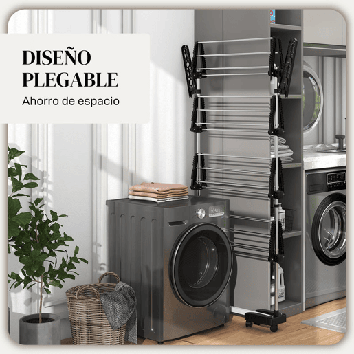 HOMCOM Estendal Vertical Dobrável de 4 Níveis Estendal de Roupa com 6 Rodas 2 Laterais Dobráveis Prateleiras Ajustáveis e Estrutura de Aço Inoxídável para Interior e Exterior Preto