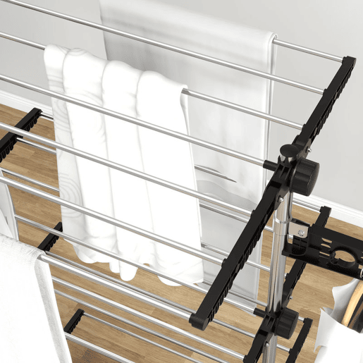 HOMCOM Estendal Vertical Dobrável de 4 Níveis Estendal de Roupa com 6 Rodas 2 Laterais Dobráveis Prateleiras Ajustáveis e Estrutura de Aço Inoxídável para Interior e Exterior Preto