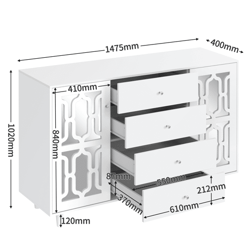 Aparador de mdf com 2 portas e 4 gavetas,branco