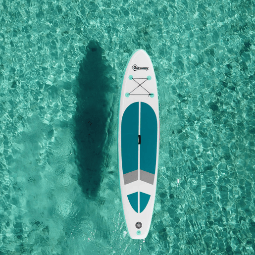 Outsunny Prancha de Paddle Surf Inflável 320x76x15cm Dobrável com Remo de Alumínio Ajustável Desmontável Bolsa de Transporte e Acessórios Branco e Turquesa