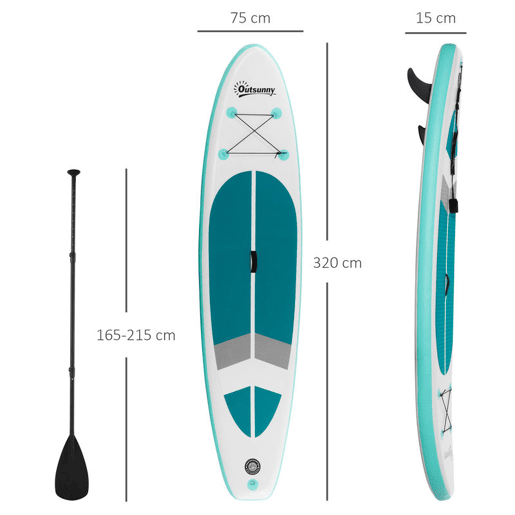 Outsunny Prancha de Paddle Surf Inflável 320x76x15cm Dobrável com Remo de Alumínio Ajustável Desmontável Bolsa de Transporte e Acessórios Branco e Turquesa