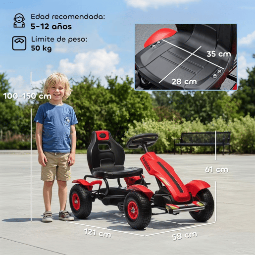 HOMCOM Kart a Pedais para Crianças Kart a Pedais Infantil com Assento Ajustável Pneus de Goma Travão de Mão para Crianças de 5-12 Anos Carga Máxima 50 kg 121x58x61 cm Vermelho