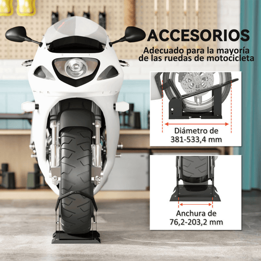 HOMCOM Cavalete de Moto Carga 816,5 kg Suporte para Roda Dianteira de Motocicleta Robusto com Altura Ajustável em 3 Níveis para Rodas Ø38,1-53,34 cm Preto