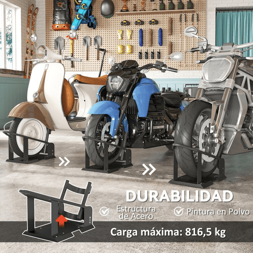 HOMCOM Cavalete de Moto Carga 816,5 kg Suporte para Roda Dianteira de Motocicleta Robusto com Altura Ajustável em 3 Níveis para Rodas Ø38,1-53,34 cm Preto
