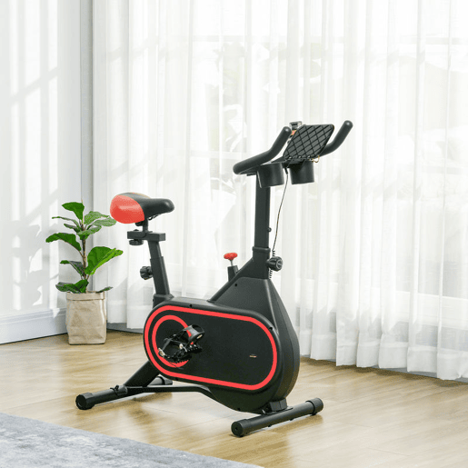 SPORTNOW Bicicleta Estática com Ecrã LCD Assento e Guiador Ajustáveis Volante 4 kg e Porta Garrafa 93x48,5x102-112 cm Vermelho e Preto