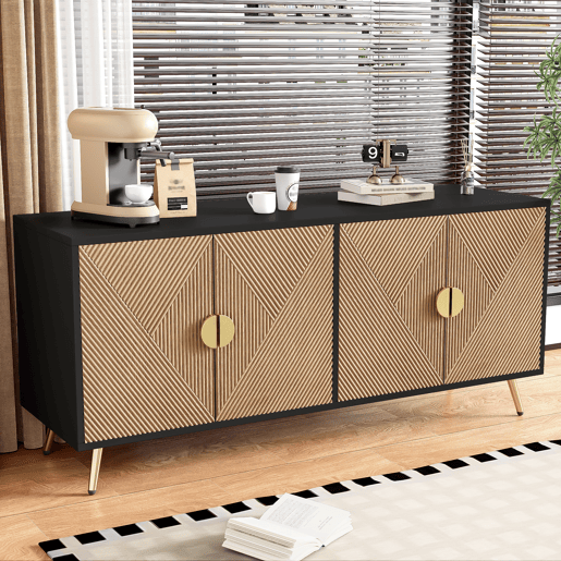 Aparador de mdf e painel de partículas com 4 portas,preto+madeira