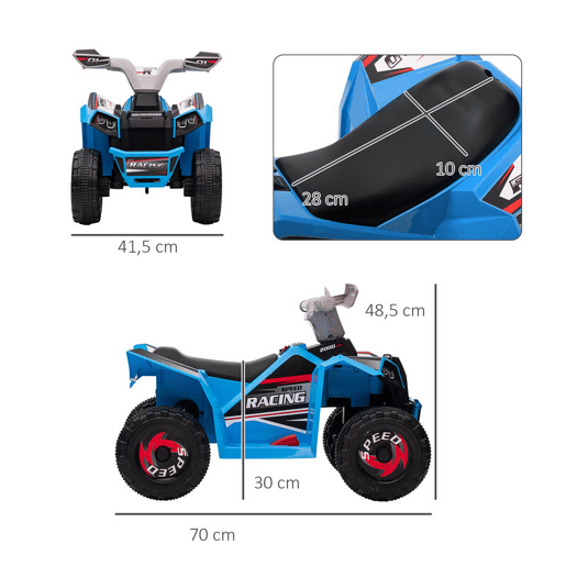 HOMCOM Quadriciclo Elétrico para Crianças 18-36 Meses Veículo Elétrico a Bateria de 6V com Velocidade 2,5 kmh Avanço e Marcha Atrás 70x41,5x48,5 cm Azul