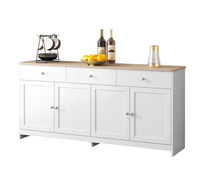 Aparador de mdf con 4 puertas y 3 cajones,blanco+natural