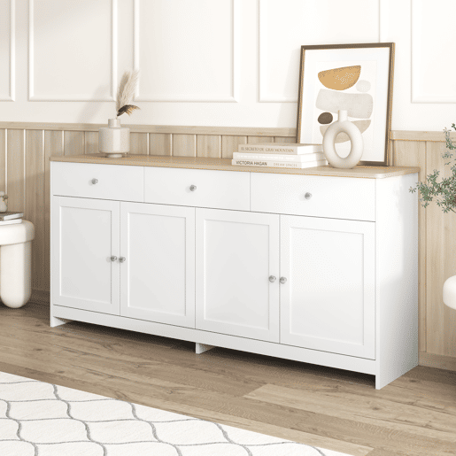 Aparador de mdf com 4 portas e 3 gavetas,branco+natural