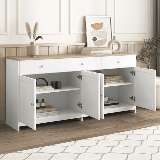 Aparador de mdf com 4 portas e 3 gavetas,branco+natural