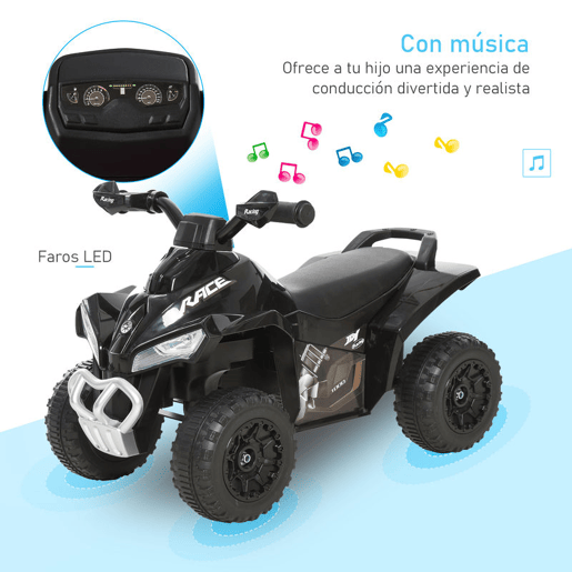 HOMCOM Quad Andador ATV para Crianças de 18-36 Meses com Luzes e Música, 4 Rodas, Suporta até 20 kg, 67,5x38x44 cm Preto
