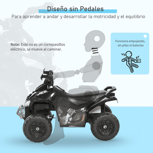 HOMCOM Quad Andador ATV para Crianças de 18-36 Meses com Luzes e Música, 4 Rodas, Suporta até 20 kg, 67,5x38x44 cm Preto