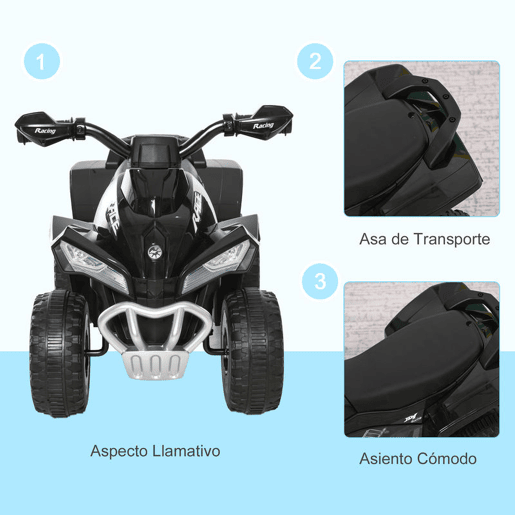 HOMCOM Quad Andador ATV para Crianças de 18-36 Meses com Luzes e Música, 4 Rodas, Suporta até 20 kg, 67,5x38x44 cm Preto