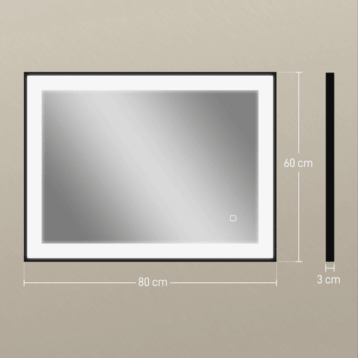 HOMCOM Espelho Casa de Banho com Luz LED 80x60 cm Espelho de Parede com Iluminação Ajustável Função Anti-Embaciamento Função Memória e Estrutura de Liga de Alumínio Preto