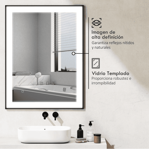 HOMCOM Espelho Casa de Banho com Luz LED 80x60 cm Espelho de Parede com Iluminação Ajustável Função Anti-Embaciamento Função Memória e Estrutura de Liga de Alumínio Preto
