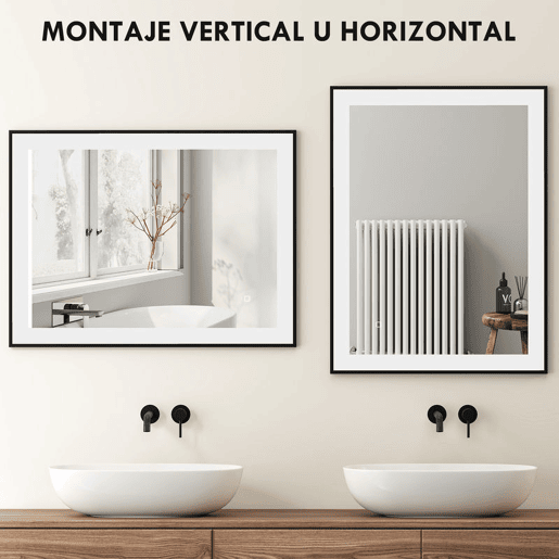 HOMCOM Espelho Casa de Banho com Luz LED 80x60 cm Espelho de Parede com Iluminação Ajustável Função Anti-Embaciamento Função Memória e Estrutura de Liga de Alumínio Preto