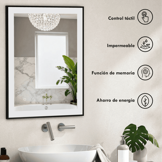 HOMCOM Espelho Casa de Banho com Luz LED 80x60 cm Espelho de Parede com Iluminação Ajustável Função Anti-Embaciamento Função Memória e Estrutura de Liga de Alumínio Preto