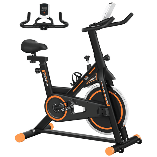 HOMCOM Bicicleta Estática com Resistência Ajustável Bicicleta Fitness com Volante de Inércia de 8kg Ecrã LCD Assento e Guiador Ajustáveis Suporte para Tablet 103x48x115cm Preto e Laranja