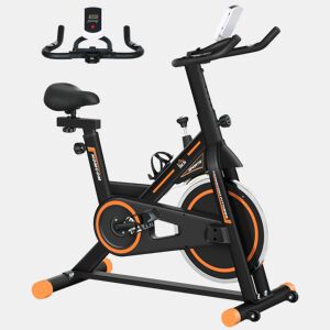 HOMCOM Bicicleta Estática com Resistência Ajustável Bicicleta Fitness com Volante de Inércia de 8kg Ecrã LCD Assento e Guiador Ajustáveis Suporte para Tablet 103x48x115cm Preto e Laranja