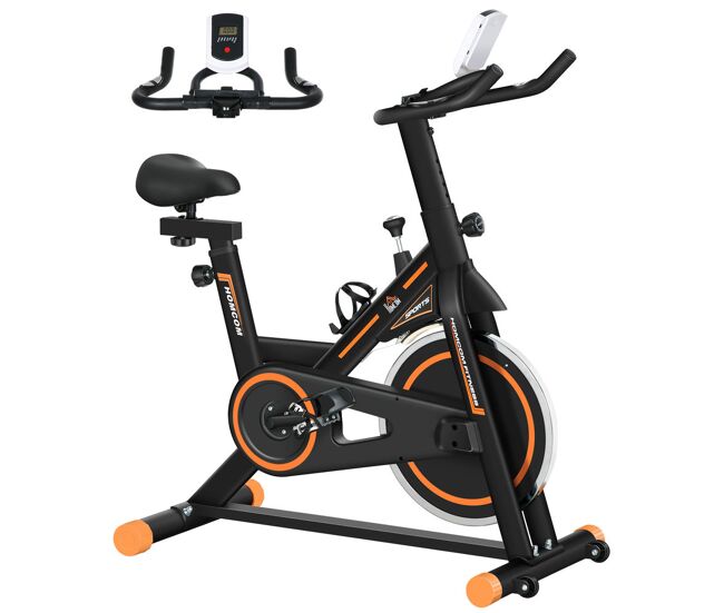 Homcom bicicleta estática bici estática silencioso con volante 8 kg resistencia ajustable pantalla lcd pulsómetro asiento ajustable soporte para tableta carga 120 kg para casa gimnasio negro y naranja