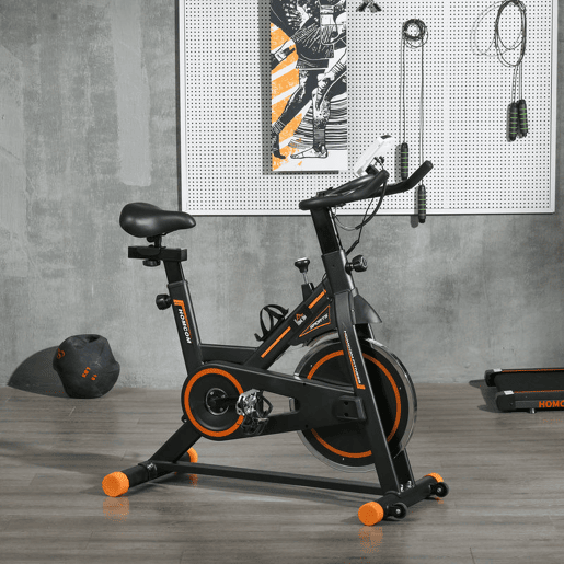 HOMCOM Bicicleta Estática com Resistência Ajustável Bicicleta Fitness com Volante de Inércia de 8kg Ecrã LCD Assento e Guiador Ajustáveis Suporte para Tablet 103x48x115cm Preto e Laranja