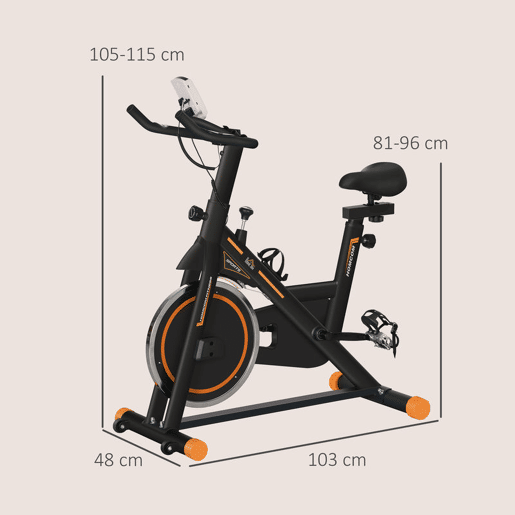 HOMCOM Bicicleta Estática com Resistência Ajustável Bicicleta Fitness com Volante de Inércia de 8kg Ecrã LCD Assento e Guiador Ajustáveis Suporte para Tablet 103x48x115cm Preto e Laranja