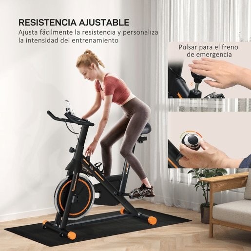 HOMCOM Bicicleta Estática com Resistência Ajustável Bicicleta Fitness com Volante de Inércia de 8kg Ecrã LCD Assento e Guiador Ajustáveis Suporte para Tablet 103x48x115cm Preto e Laranja