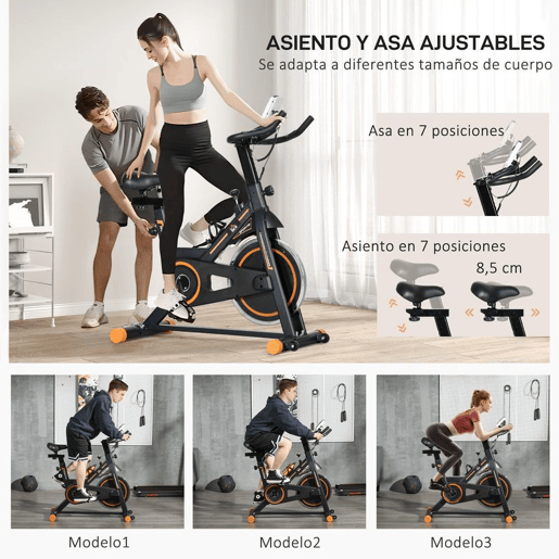 HOMCOM Bicicleta Estática com Resistência Ajustável Bicicleta Fitness com Volante de Inércia de 8kg Ecrã LCD Assento e Guiador Ajustáveis Suporte para Tablet 103x48x115cm Preto e Laranja