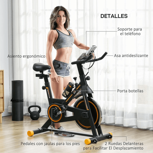 HOMCOM Bicicleta Estática com Resistência Ajustável Bicicleta Fitness com Volante de Inércia de 8kg Ecrã LCD Assento e Guiador Ajustáveis Suporte para Tablet 103x48x115cm Preto e Laranja