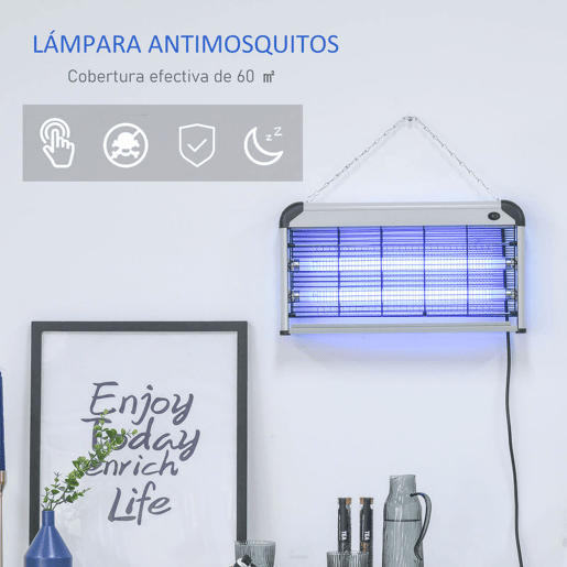 Outsunny Lâmpada Anti-Mosquitos Elétrica 30W Mata Mosquitos Elétrico com Luz UV Efeito 60 m² para Jardim Terraço Pátio 48,5x8,5x26,5 cm Prata