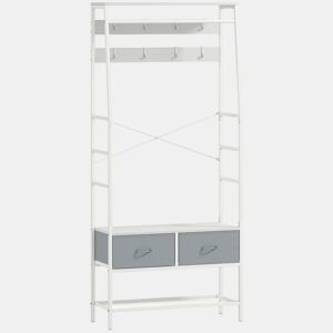 HOMCOM Móvel Cabide de Entrada com Banco Sapateira 8 Ganchos 2 Gavetas de Tecido Barra Prateleira de Rede Estilo Industrial para Corredor Quarto Sala de Estar 80x30x180,5 cm Branco e Cinza