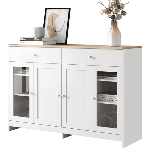 Aparador de mdf com 4 portas e 2 gavetas,branco+natural