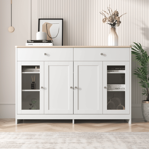 Aparador de mdf com 4 portas e 2 gavetas,branco+natural