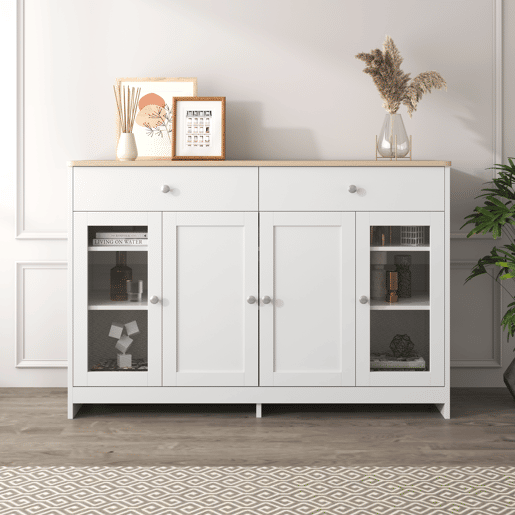 Aparador de mdf com 4 portas e 2 gavetas,branco+natural
