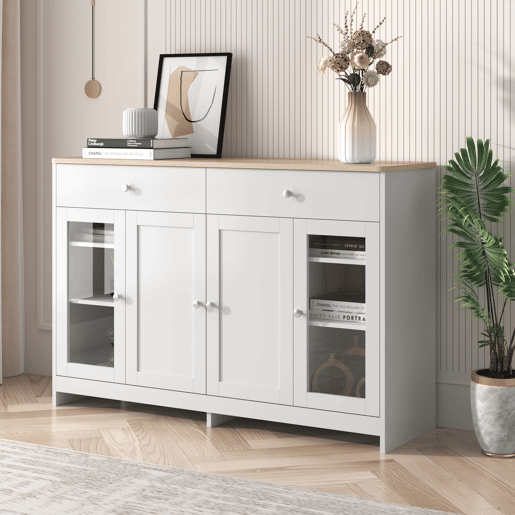 Aparador de mdf com 4 portas e 2 gavetas,branco+natural