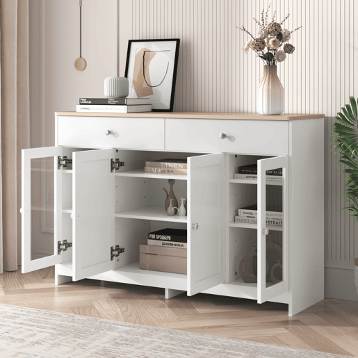 Aparador de mdf com 4 portas e 2 gavetas,branco+natural