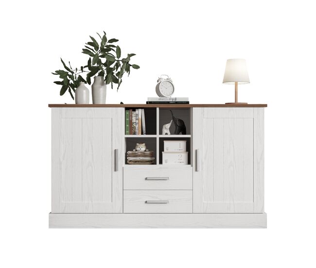 Aparador de panel de partículas con 2 puertas y 2 cajones,blanco+madera