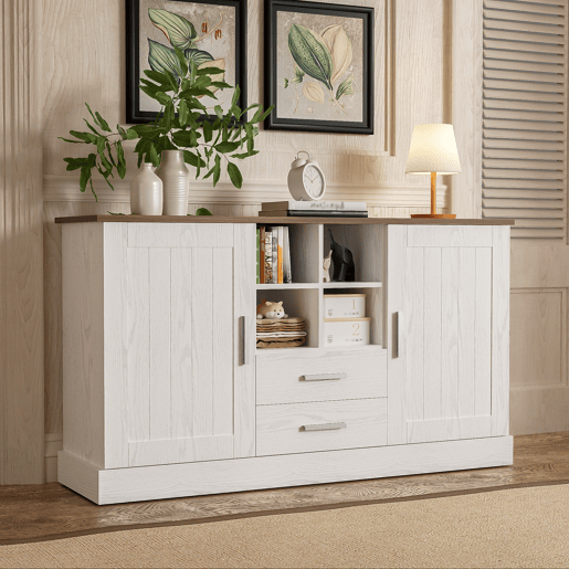 Aparador de painel de partículas com 2 portas e 2 gavetas,branco+madeira