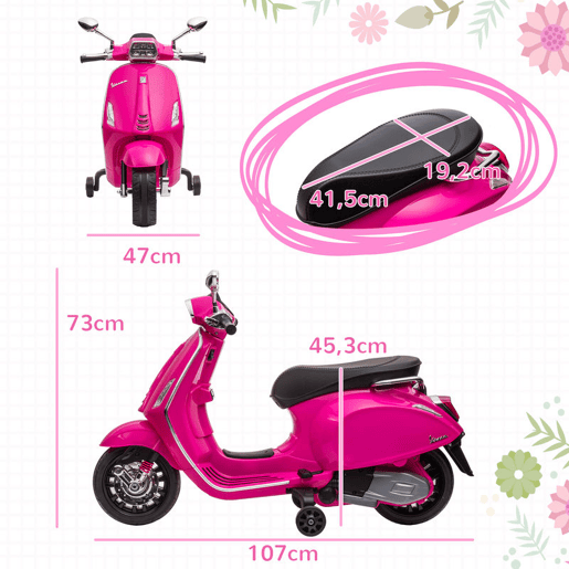 AIYAPLAY Moto Elétrica para Crianças de 3-6 Anos com Licença Vespa Motocicleta de Bateria 6V com USB MP3 Luz LED Rádio FM Moto para Crianças com Velocidade 3 kmh Carga 35 kg 107x47x73 cm Rosa