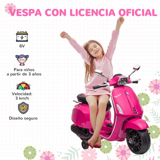AIYAPLAY Moto Elétrica para Crianças de 3-6 Anos com Licença Vespa Motocicleta de Bateria 6V com USB MP3 Luz LED Rádio FM Moto para Crianças com Velocidade 3 kmh Carga 35 kg 107x47x73 cm Rosa