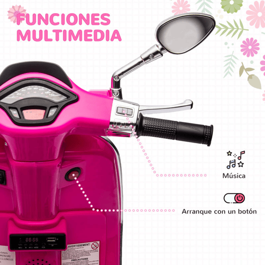 AIYAPLAY Moto Elétrica para Crianças de 3-6 Anos com Licença Vespa Motocicleta de Bateria 6V com USB MP3 Luz LED Rádio FM Moto para Crianças com Velocidade 3 kmh Carga 35 kg 107x47x73 cm Rosa