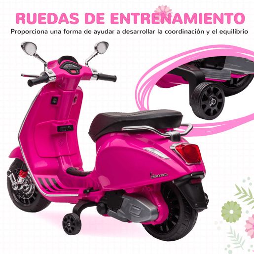 AIYAPLAY Moto Elétrica para Crianças de 3-6 Anos com Licença Vespa Motocicleta de Bateria 6V com USB MP3 Luz LED Rádio FM Moto para Crianças com Velocidade 3 kmh Carga 35 kg 107x47x73 cm Rosa