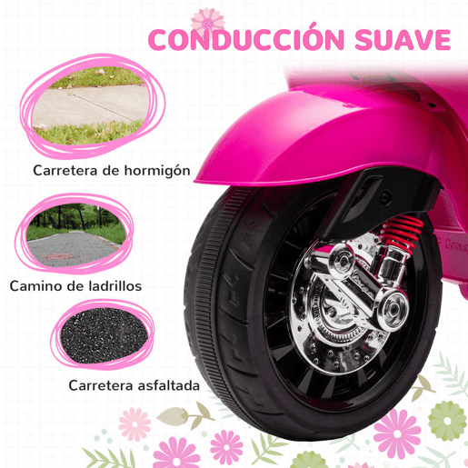 AIYAPLAY Moto Elétrica para Crianças de 3-6 Anos com Licença Vespa Motocicleta de Bateria 6V com USB MP3 Luz LED Rádio FM Moto para Crianças com Velocidade 3 kmh Carga 35 kg 107x47x73 cm Rosa