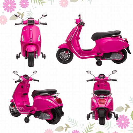 AIYAPLAY Moto Elétrica para Crianças de 3-6 Anos com Licença Vespa Motocicleta de Bateria 6V com USB MP3 Luz LED Rádio FM Moto para Crianças com Velocidade 3 kmh Carga 35 kg 107x47x73 cm Rosa